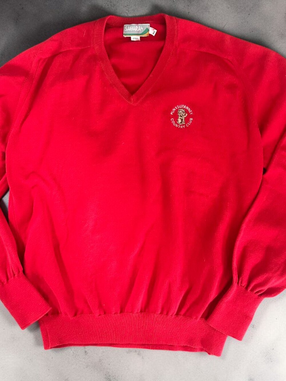 Vintage Punxsutawney Country Club V-Neck Sweater Red XL USA Made Groundhog Phil
